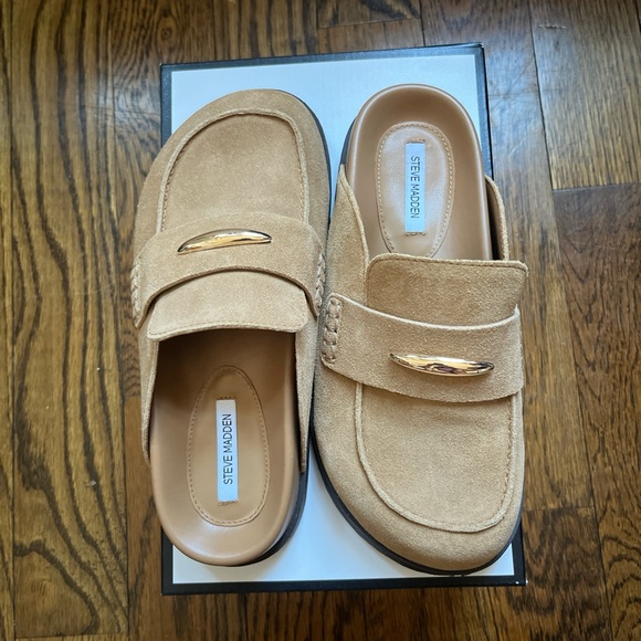 Steve Madden Tan Suede Mule Loafers with Gold Accent - Picture 4 of 7